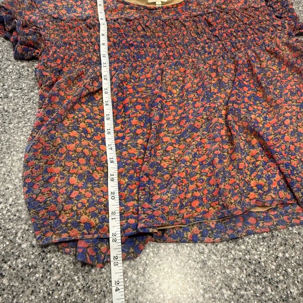 Anthropologie Deletta Floral Smocked Ruffle Blouse Pink Blue Short Sleeve Small